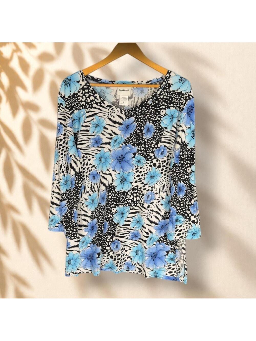 BonWorth Tunic Top Women L Large Black Floral Long Sleeve Round Neck Casual